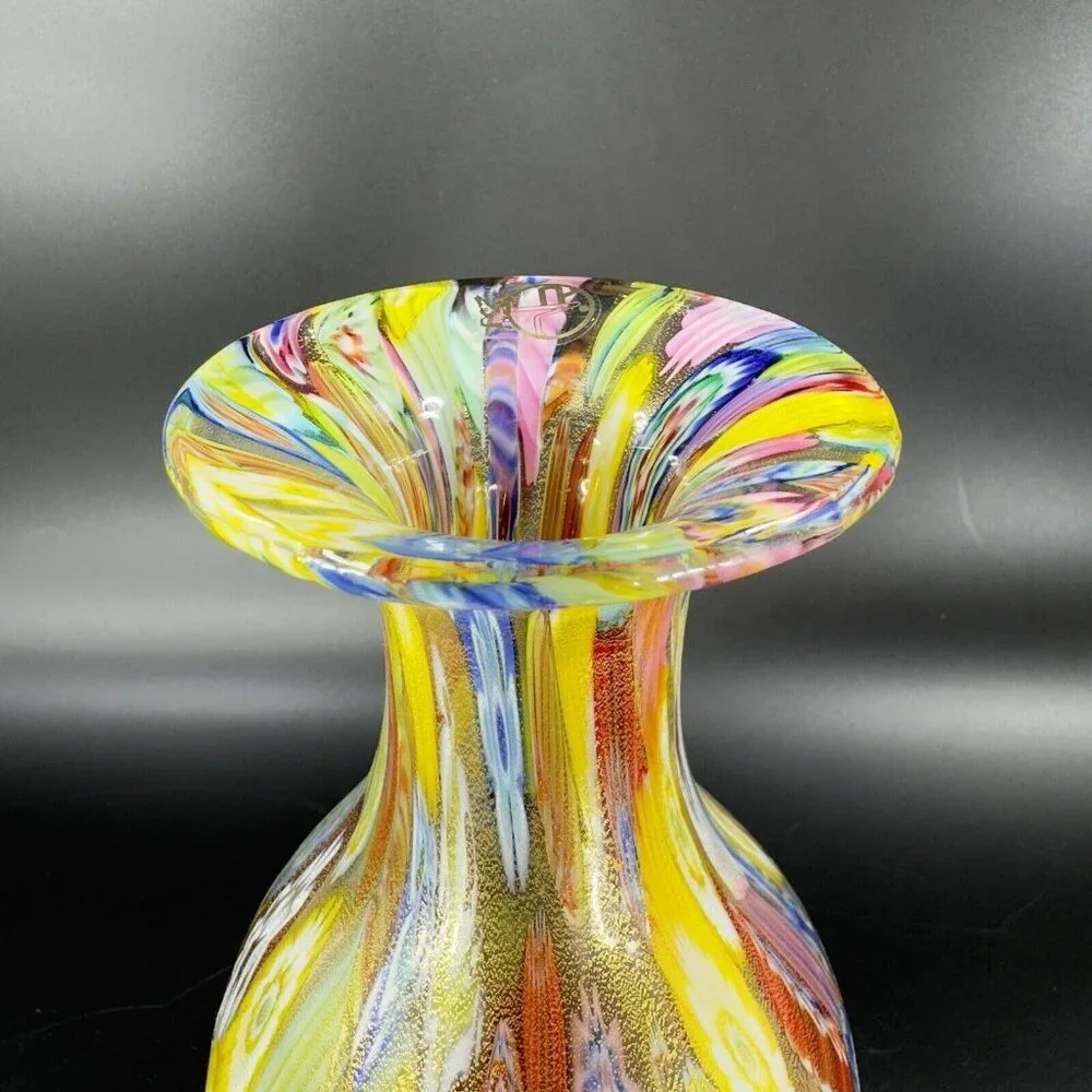 Murano Italian Glass Vase Gold Flecks Aventurine Large Multicolor Millefiori VTG